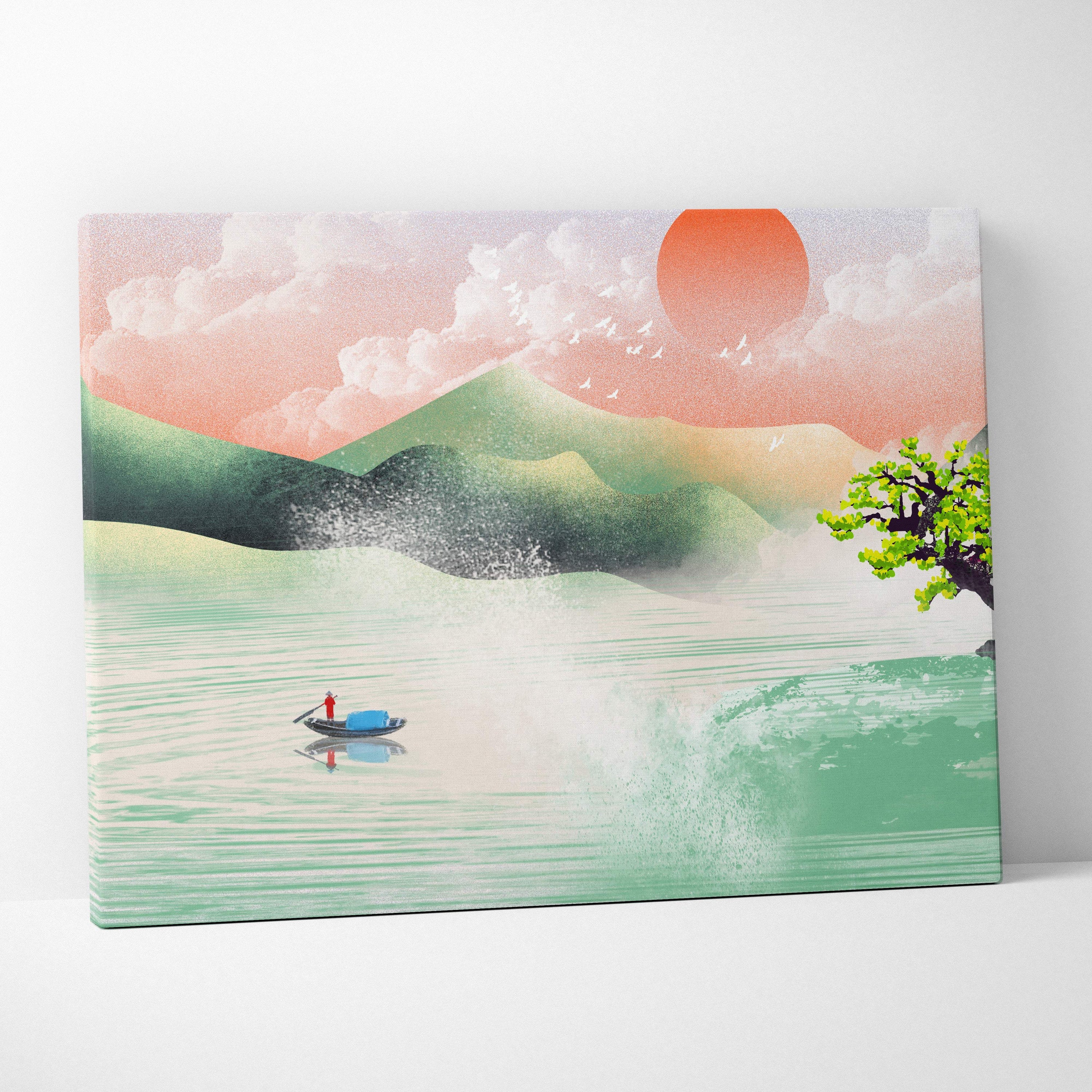 Asian lake landscape canvas print with pastel pink green and orange hues featuring sun mountains birds and a lone boat