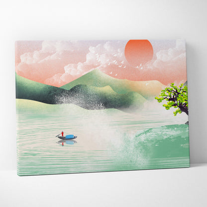 Asian lake landscape canvas print with pastel pink green and orange hues featuring sun mountains birds and a lone boat