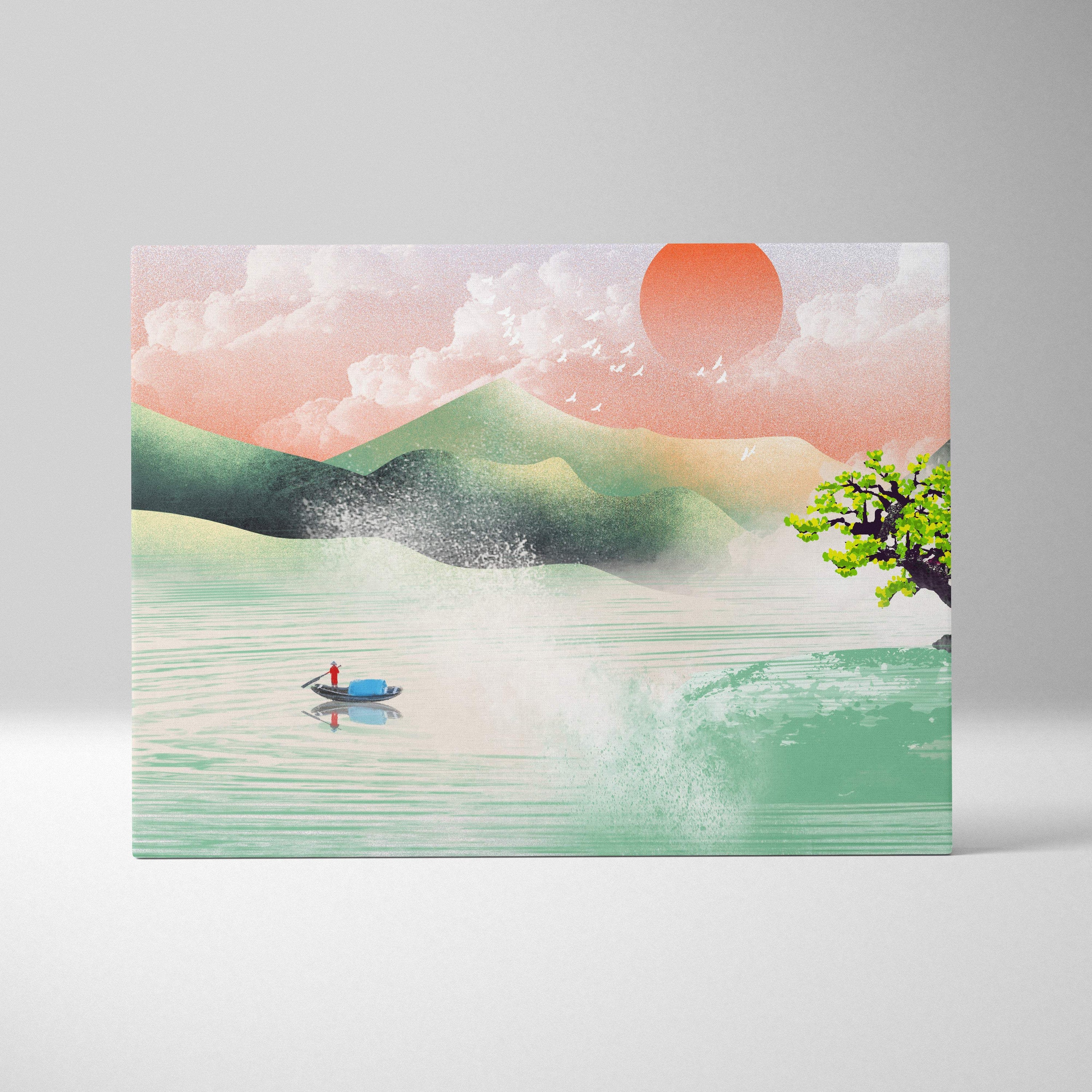 Asian lake landscape rectangular canvas print with green hills orange sun and misty water with boat and tree wall art