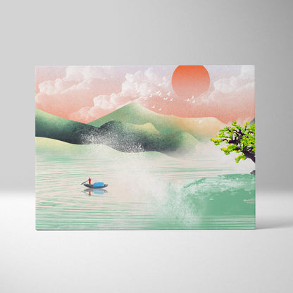 Asian lake landscape rectangular canvas print with green hills orange sun and misty water with boat and tree wall art