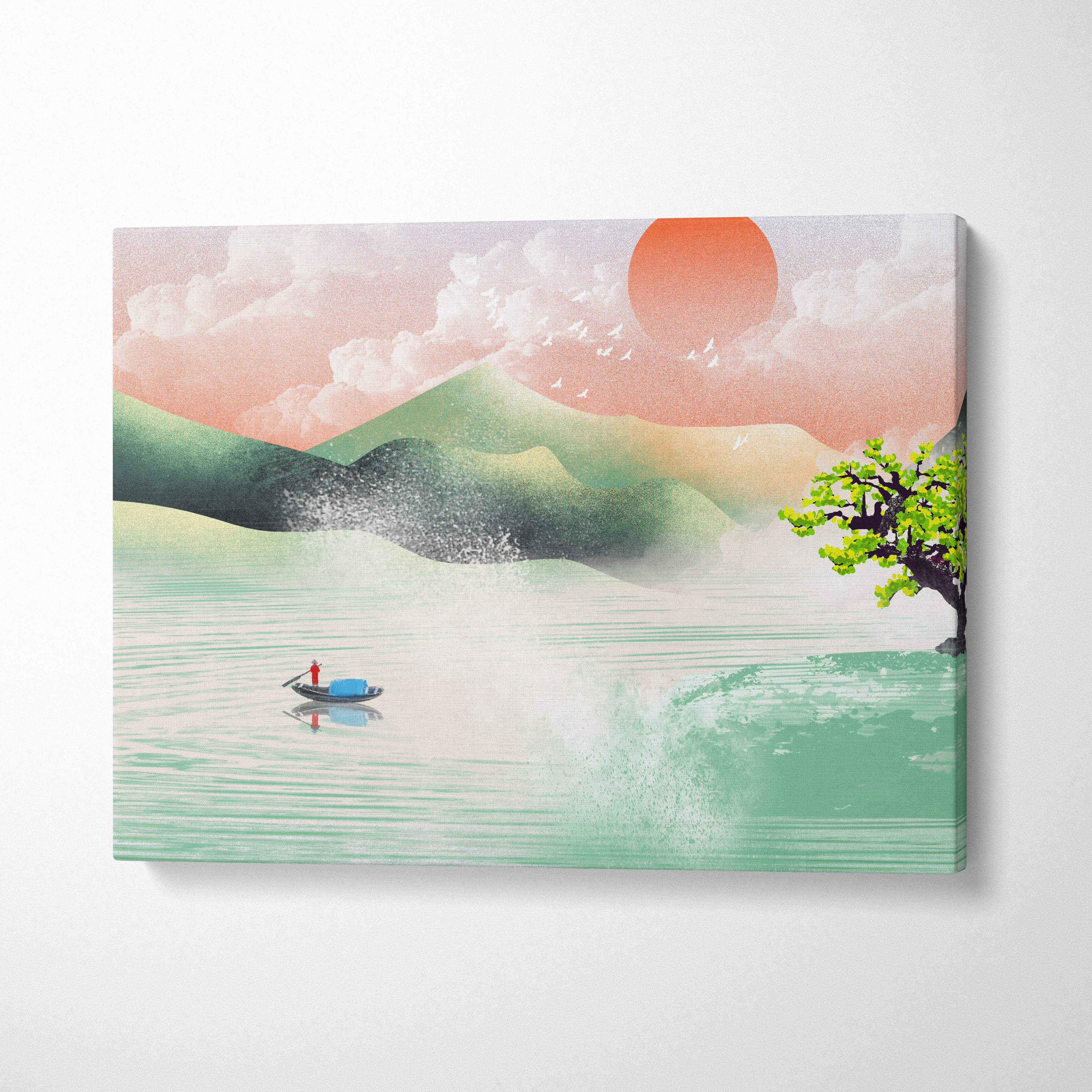 A serene asian lake landscape canvas print with pastel mountains teal lake and orange sun in minimalist japanese style