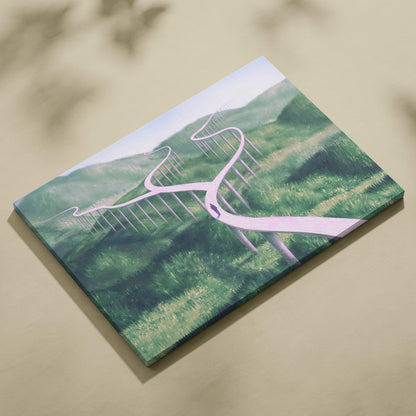 Rectangular canvas wall art featuring a winding white path through green hills and soft pastel sky for modern decor