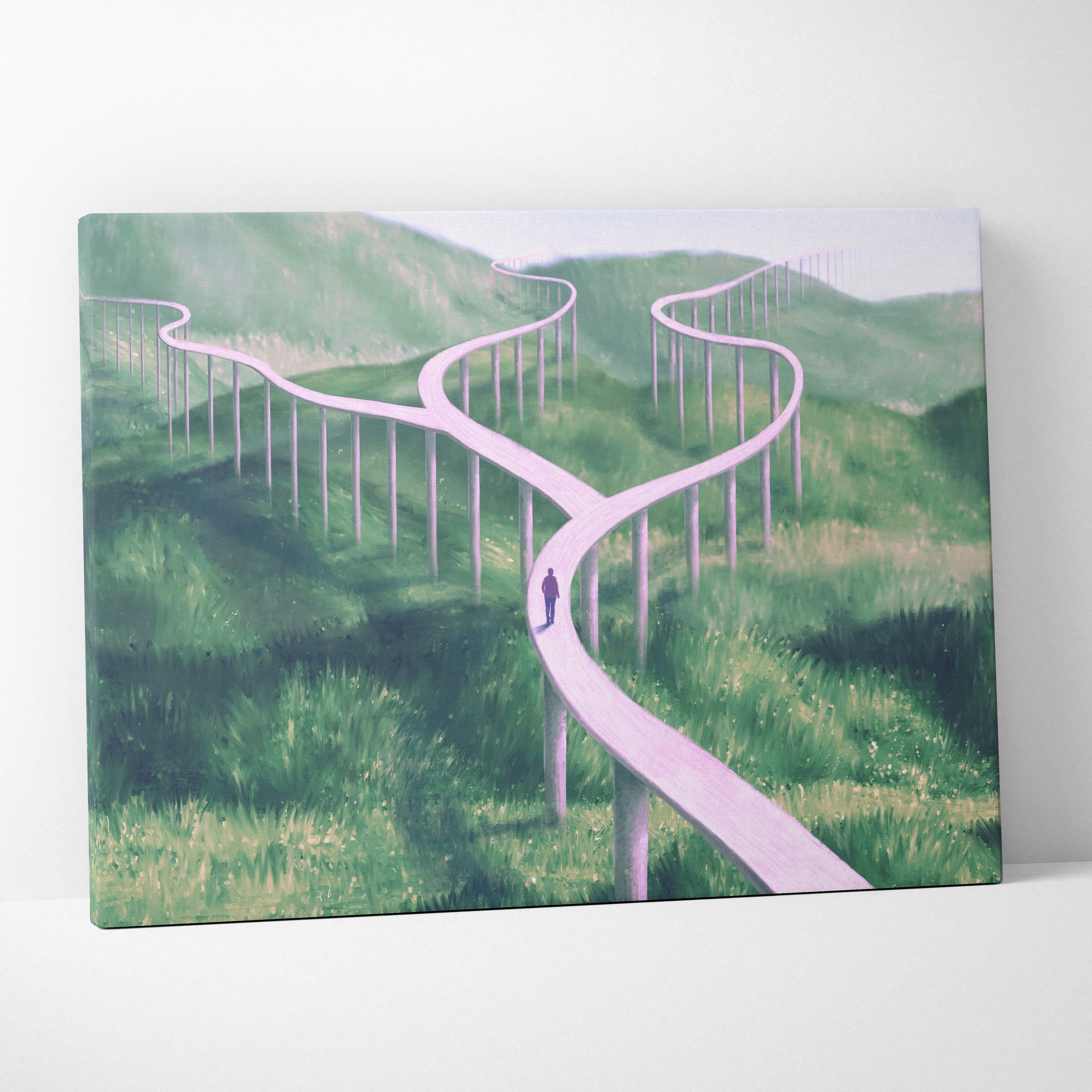 Contemporary winding bridge canvas wall art featuring pale pink bridges over green hills in a surreal landscape print