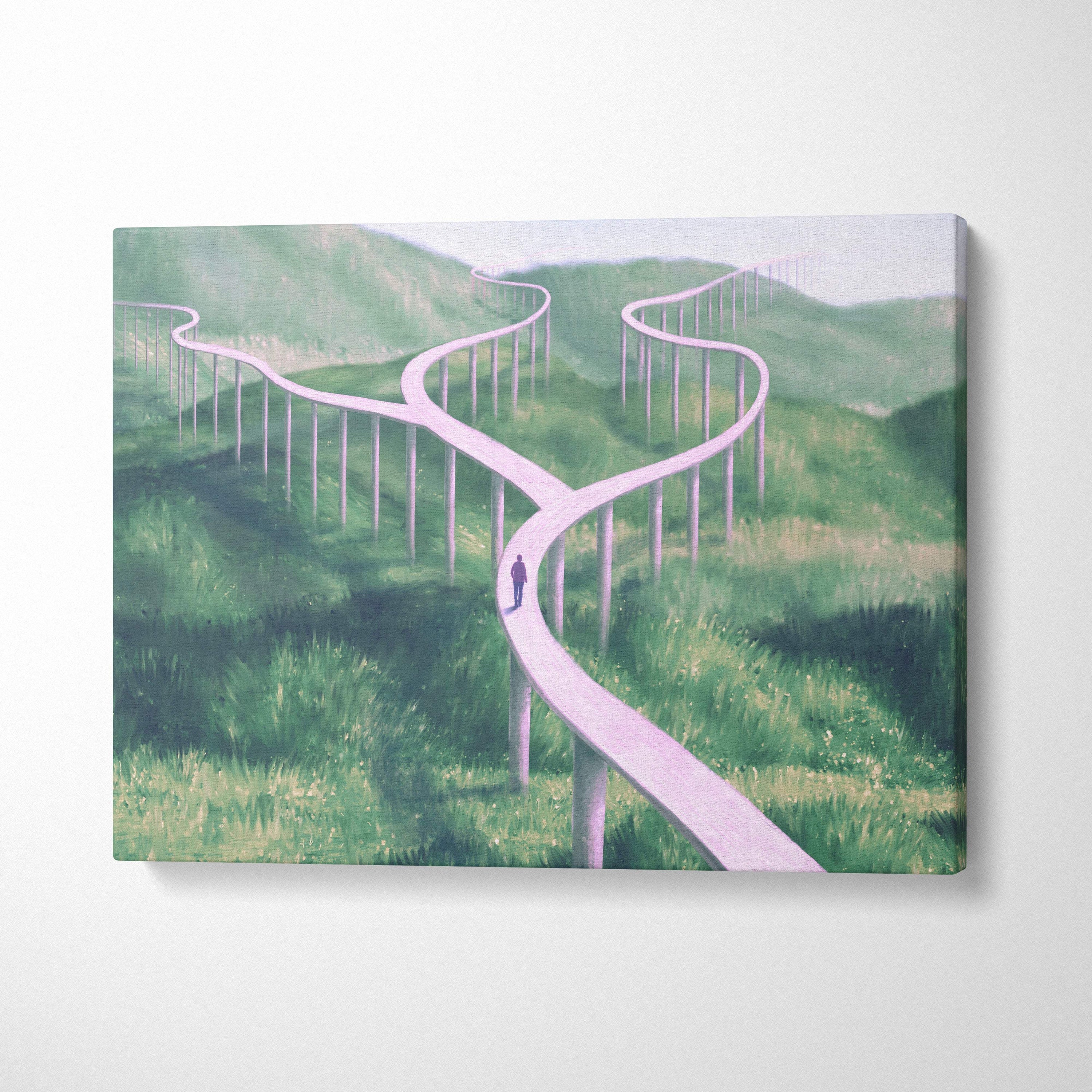 Rectangular canvas print featuring a surreal landscape with winding pale pink pathways over green hills wall art