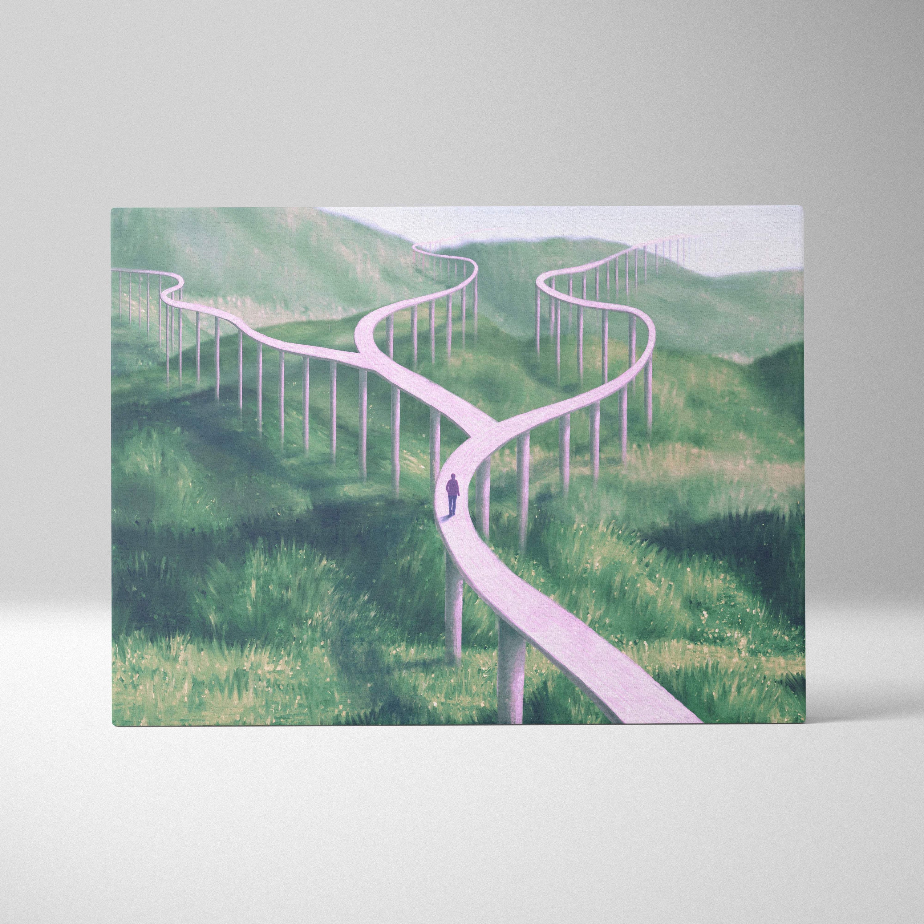 Contemporary rectangular canvas print featuring winding pale pink pathways through lush green hills in a surreal landscape