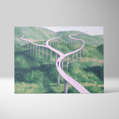 Contemporary rectangular canvas print featuring winding pale pink pathways through lush green hills in a surreal landscape