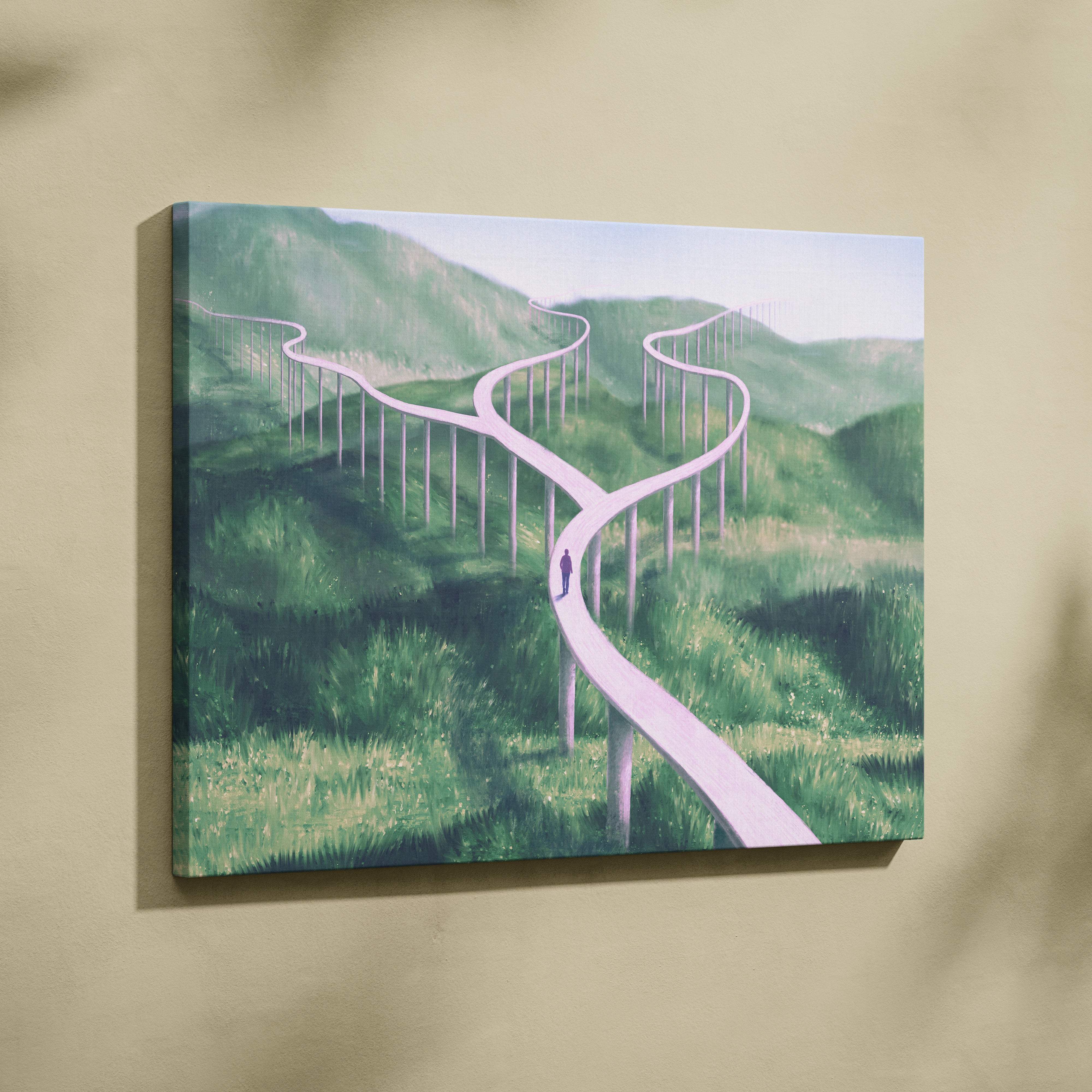 Contemporary canvas wall art featuring a winding light pink pathway through green hills and distant mountains