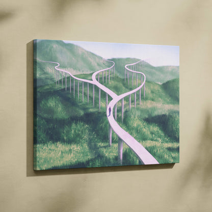 Contemporary canvas wall art featuring a winding light pink pathway through green hills and distant mountains