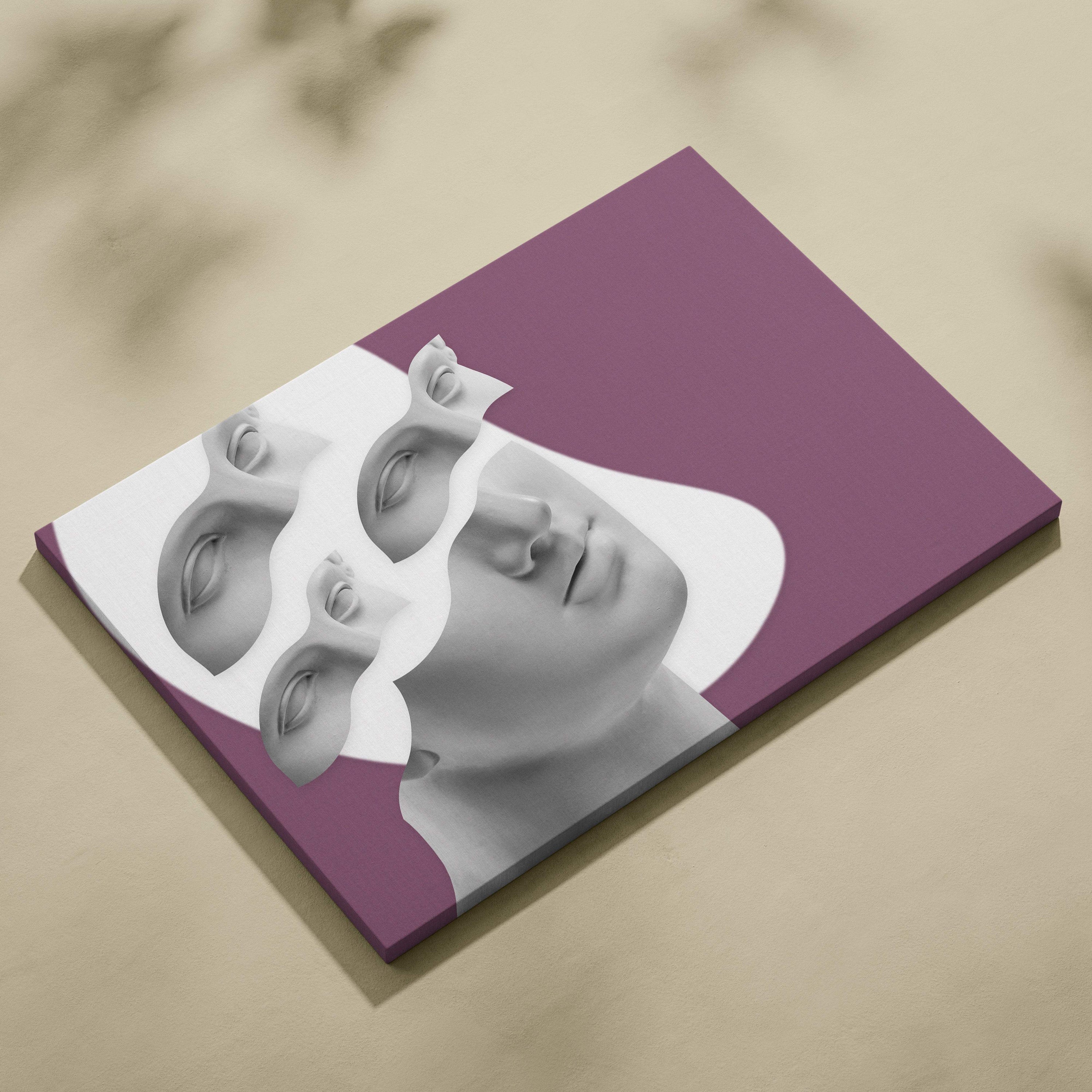 Purple canvas print featuring a grayscale stylized greek statue face with layered fragmented features for modern decor