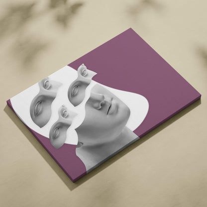 Purple canvas print featuring a grayscale stylized greek statue face with layered fragmented features for modern decor