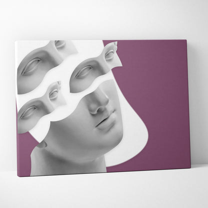 Contemporary greek statue face canvas wall art with white abstract mask layers on a purple background for modern decor