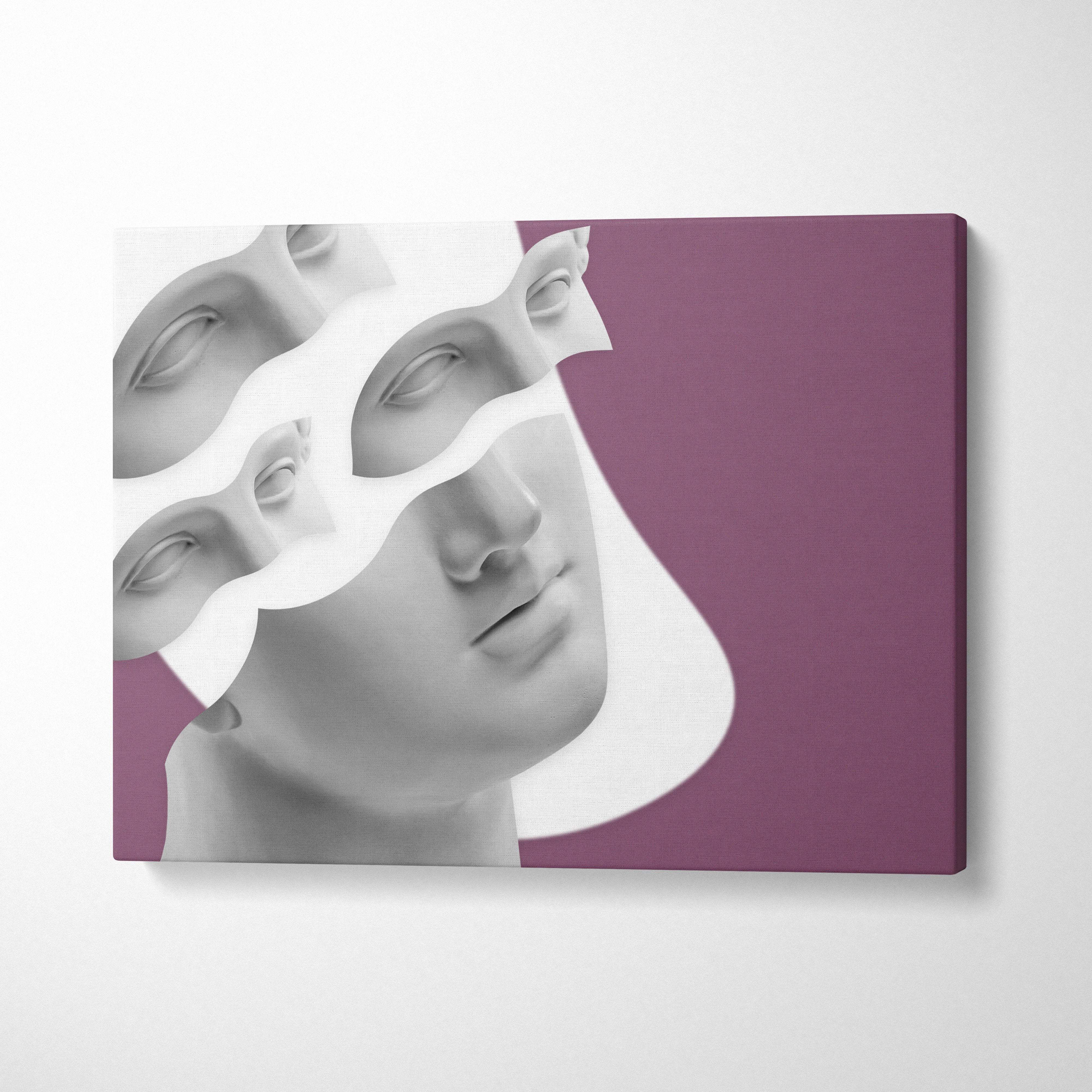 A modern canvas print of a monochrome Greek statue face with white abstract layers on a purple background for bedroom decor