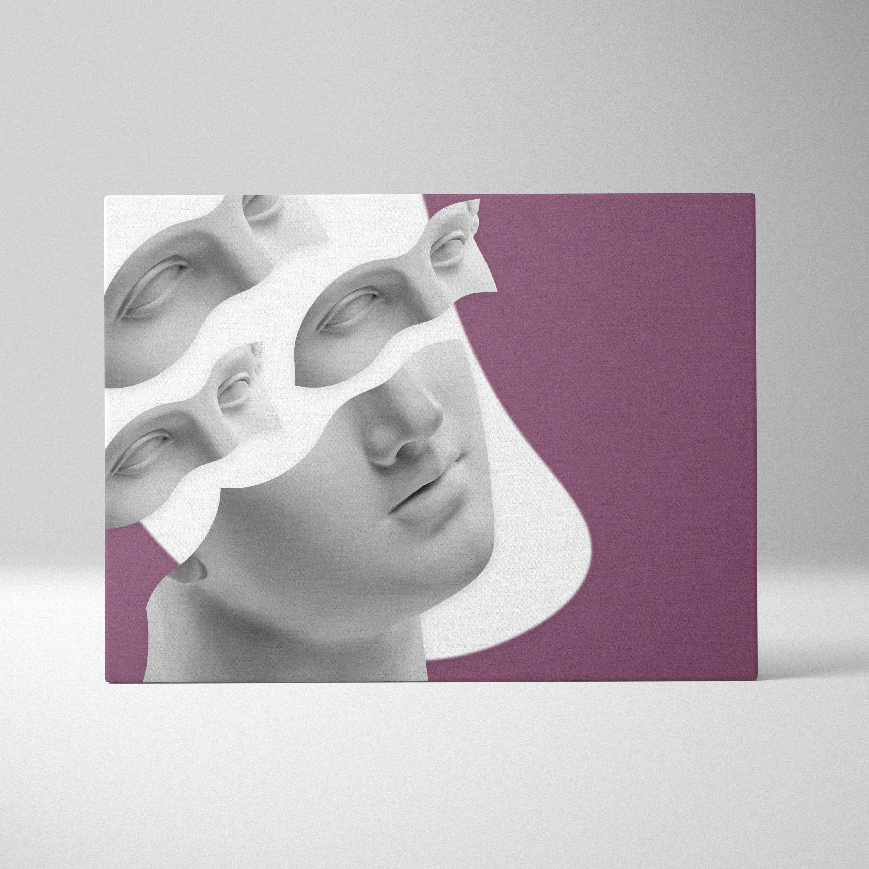 Contemporary Greek statue face canvas wall art with grayscale sculpted face and white abstract layers on purple background