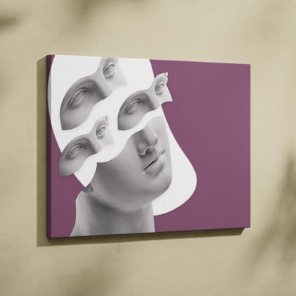 A contemporary Greek statue face canvas wall art with layered white abstract mask faces on a purple background