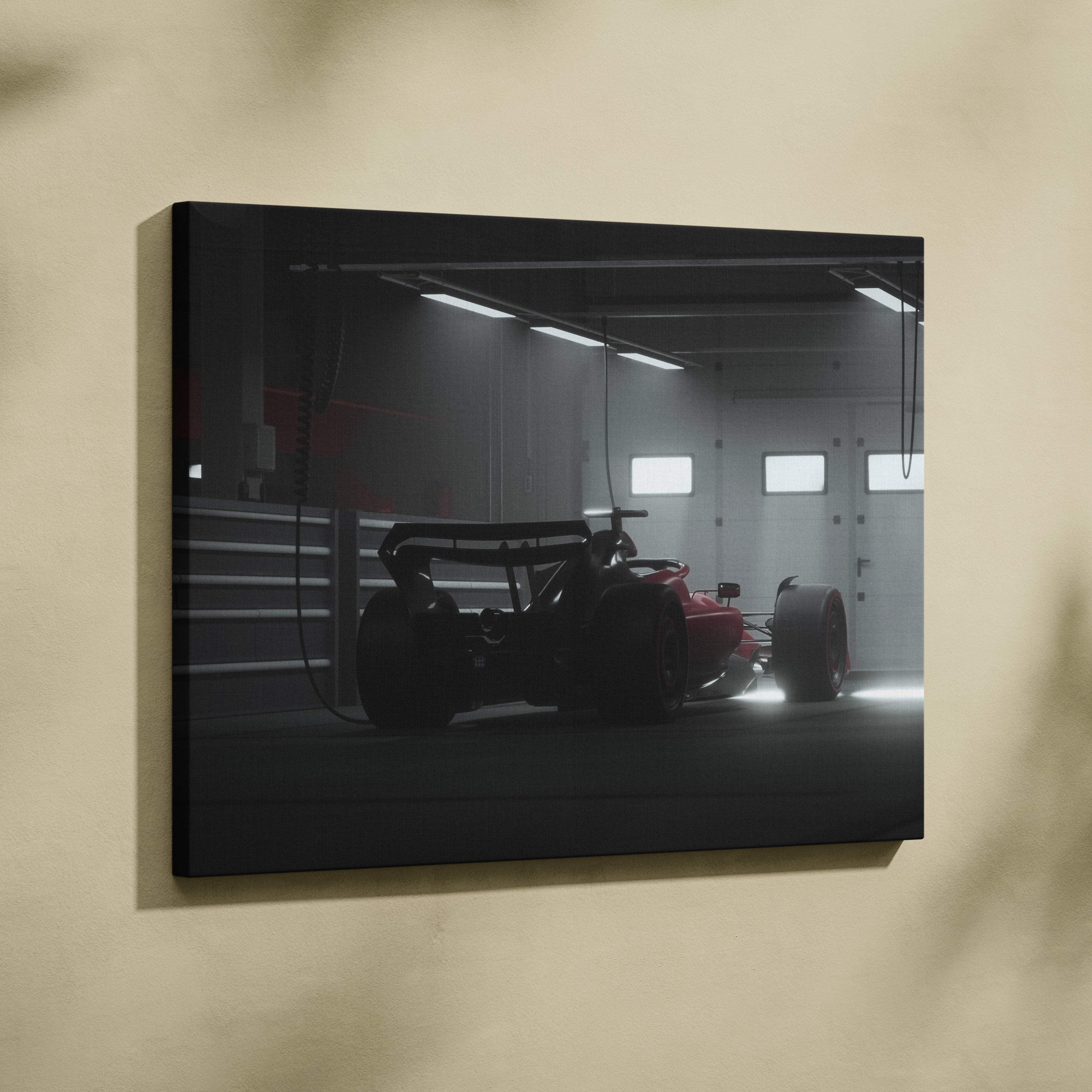 Black canvas print featuring a red formula 1 race car in a dimly lit garage for modern racing decor