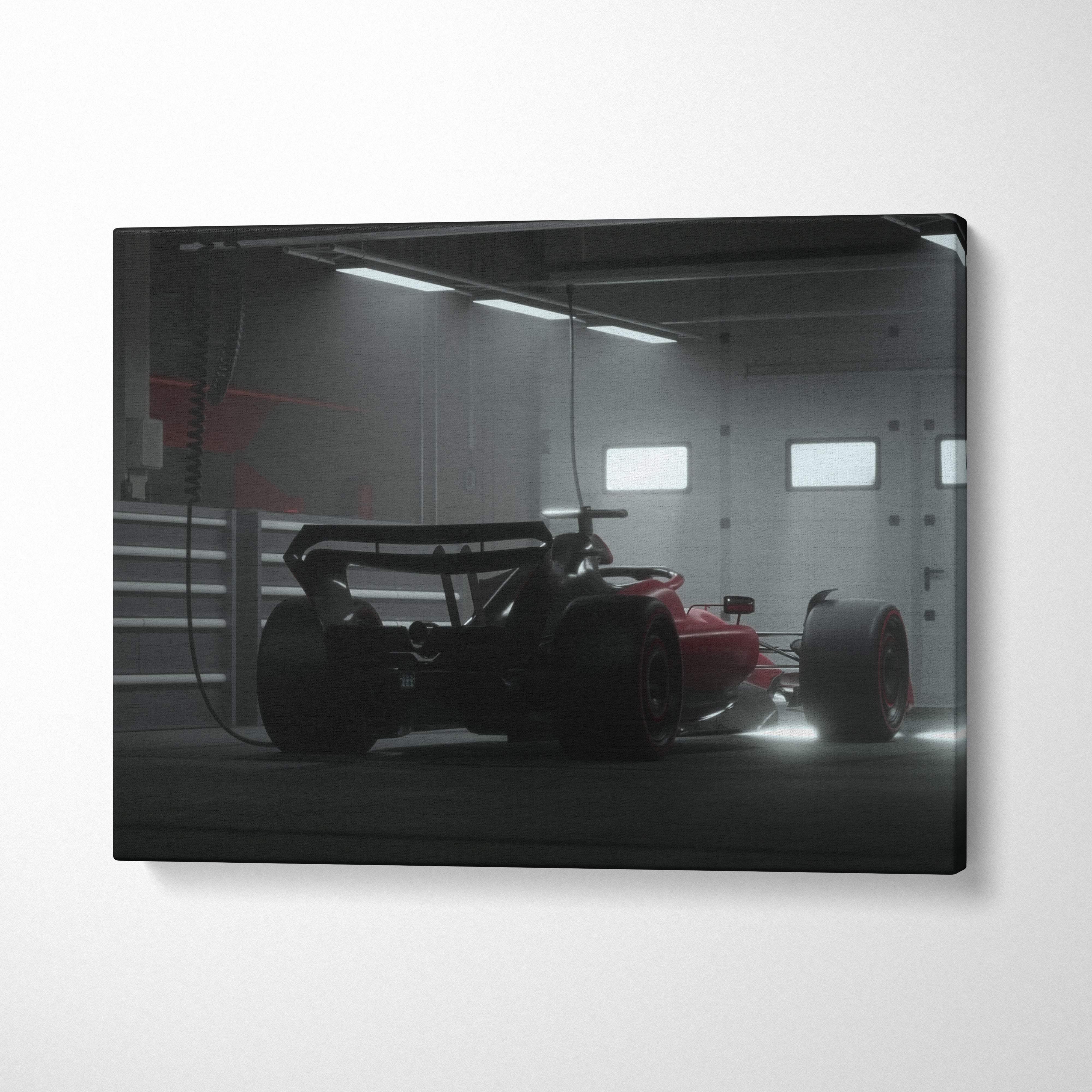 Dark formula race car canvas wall art print featuring red formula 1 car with black aerodynamic body in moody garage setting