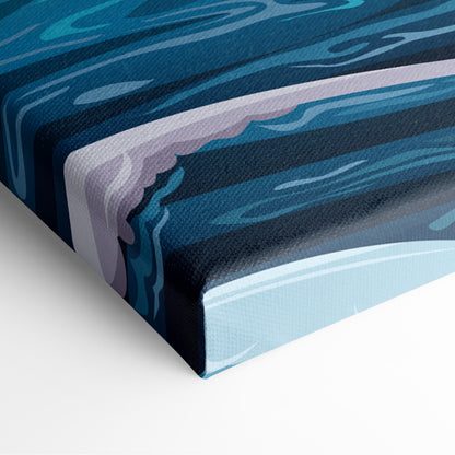 Stormy blue ocean sailboat canvas wall art print featuring blue and white abstract wave-patterned nautical decor