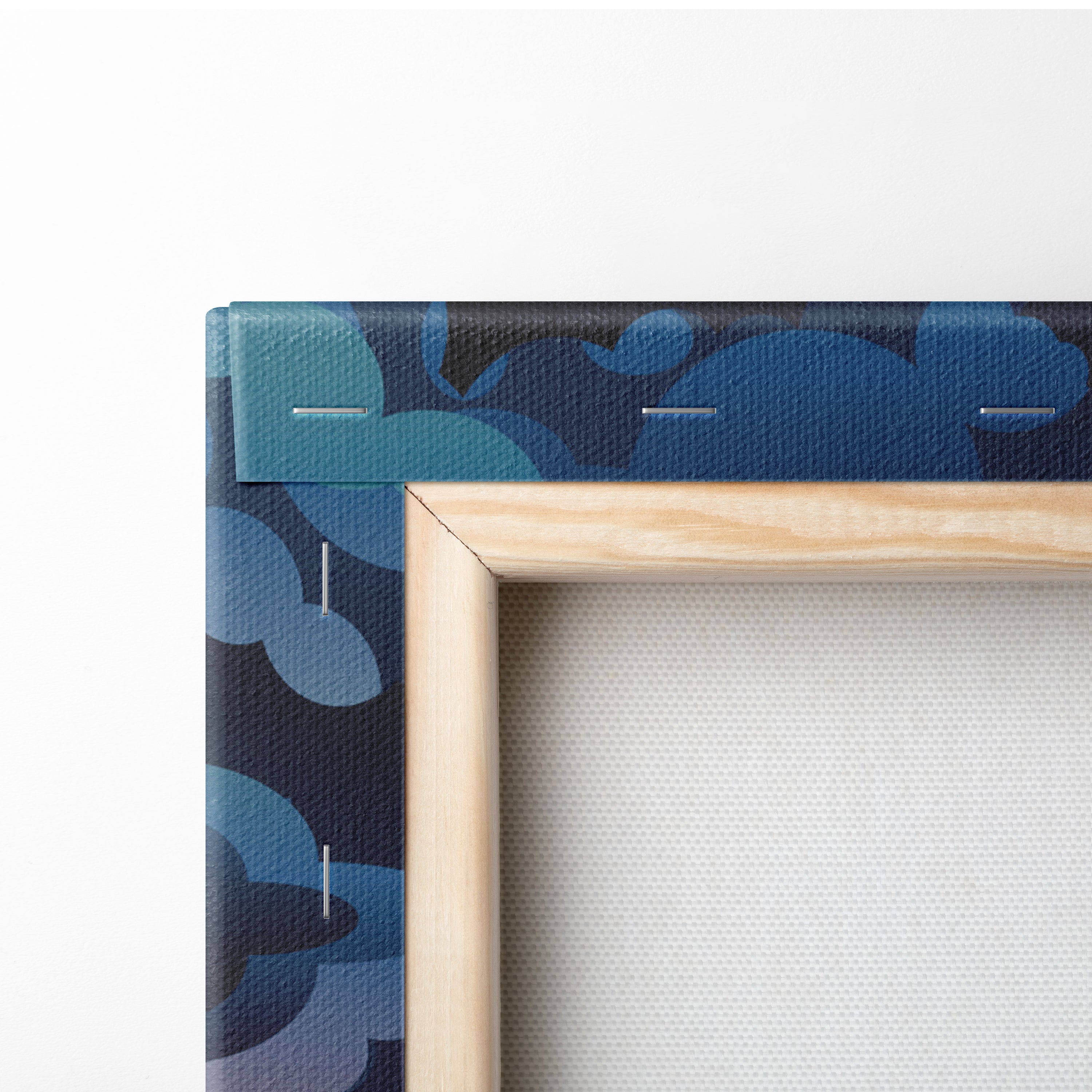 Stormy blue ocean sailboat canvas wall art print with blue camouflage pattern and light wood frame for nautical decor