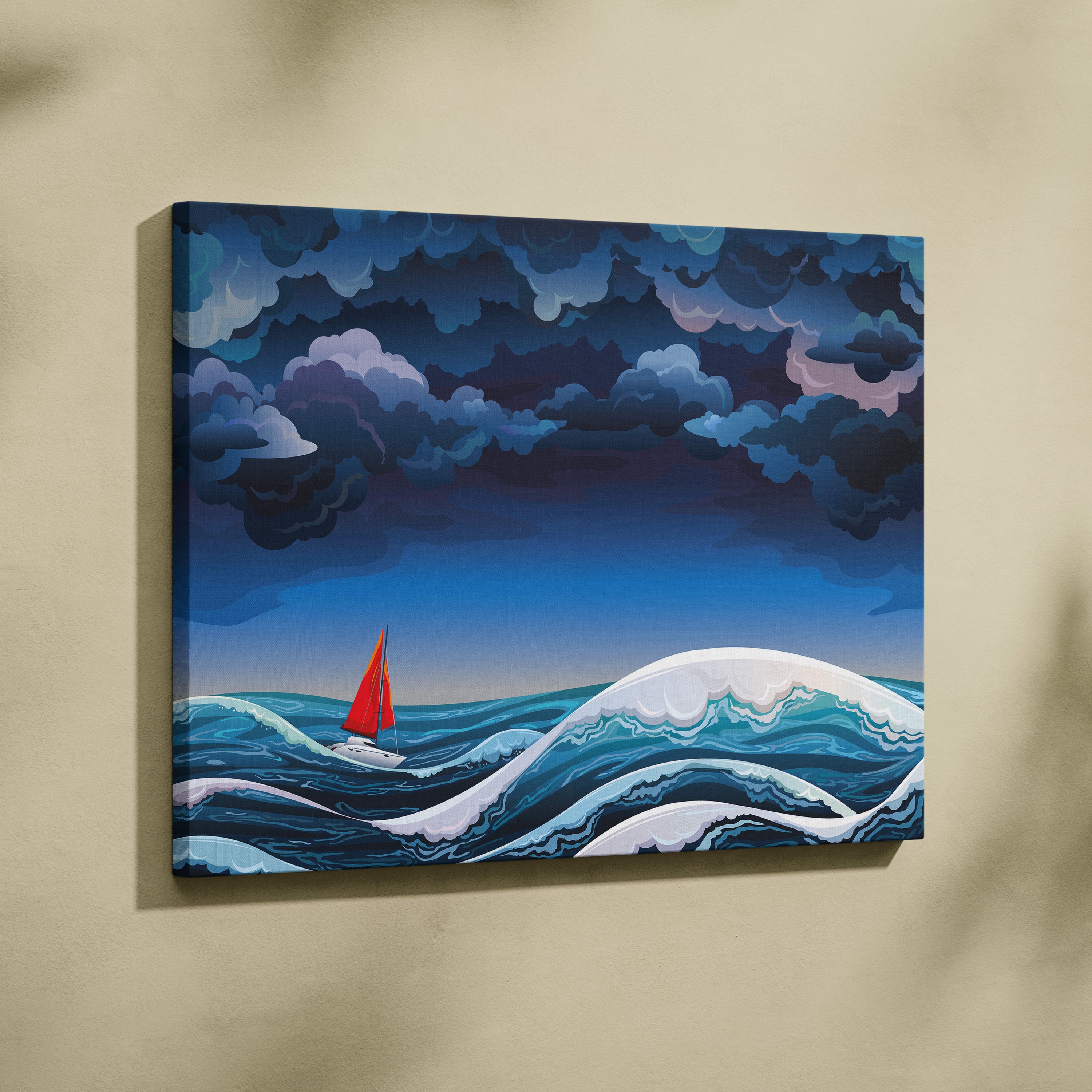 A vibrant canvas wall art print showing a red sailboat navigating stormy blue ocean waves under a twilight sky