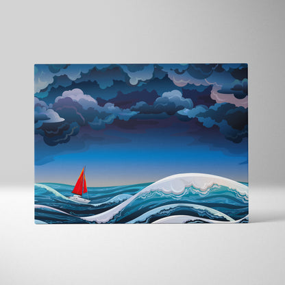A vibrant red sailboat glides across deep blue ocean waves in a stormy blue ocean sailboat canvas wall art print