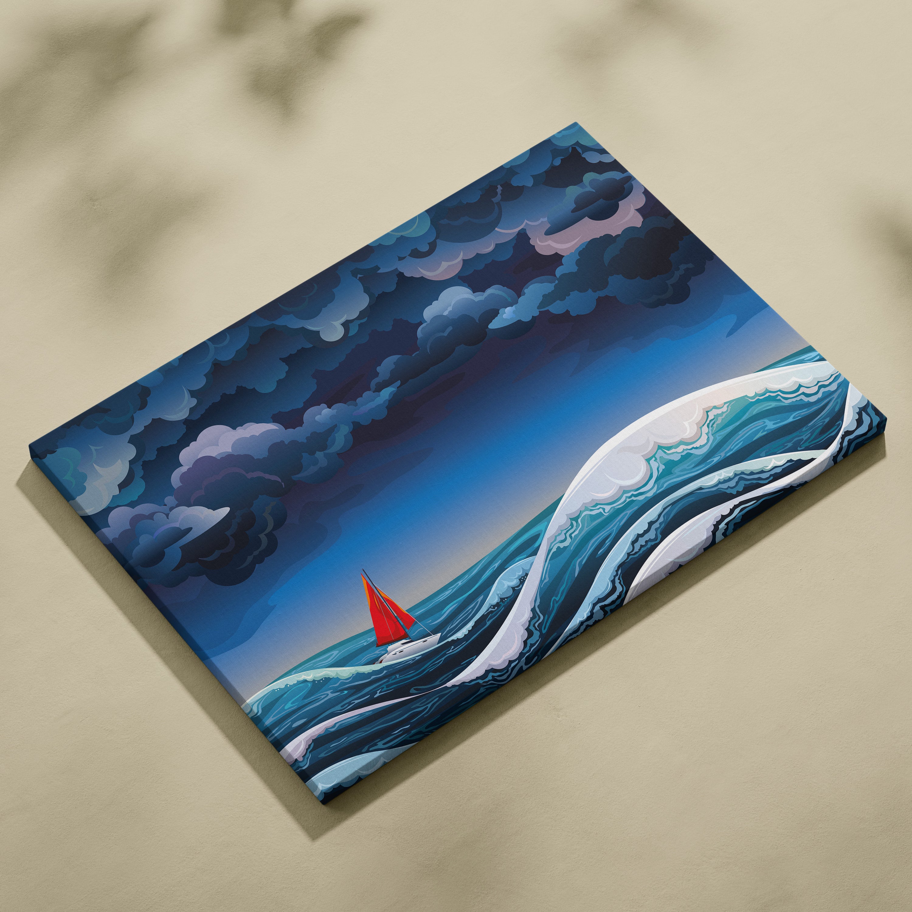 A vibrant canvas wall art print featuring a stylized sailboat with a red sail on turbulent blue ocean waves