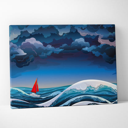 Stormy blue ocean sailboat canvas wall art print featuring a vibrant red sailboat on dynamic blue waves under clouds