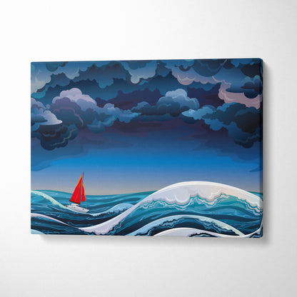 A vibrant canvas wall art print featuring a red sail sailboat on turbulent blue waves under a dramatic sky