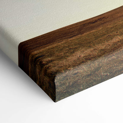 A cinematic tornado storm canvas print with dark brown wood-grain texture and light beige fabric backing