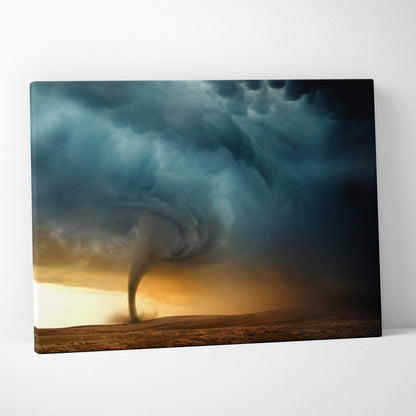 Cinematic tornado storm canvas art featuring a dramatic tornado with dark teal clouds and golden sunset sky wall decor