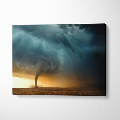 Cinematic tornado storm canvas art featuring dark teal and gray tornado with golden sunset sky for moody wall decor
