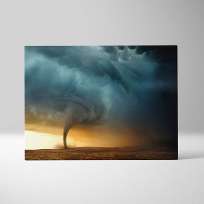 A rectangular canvas print featuring a dramatic tornado with dark teal clouds and a golden sunset sky wall decor