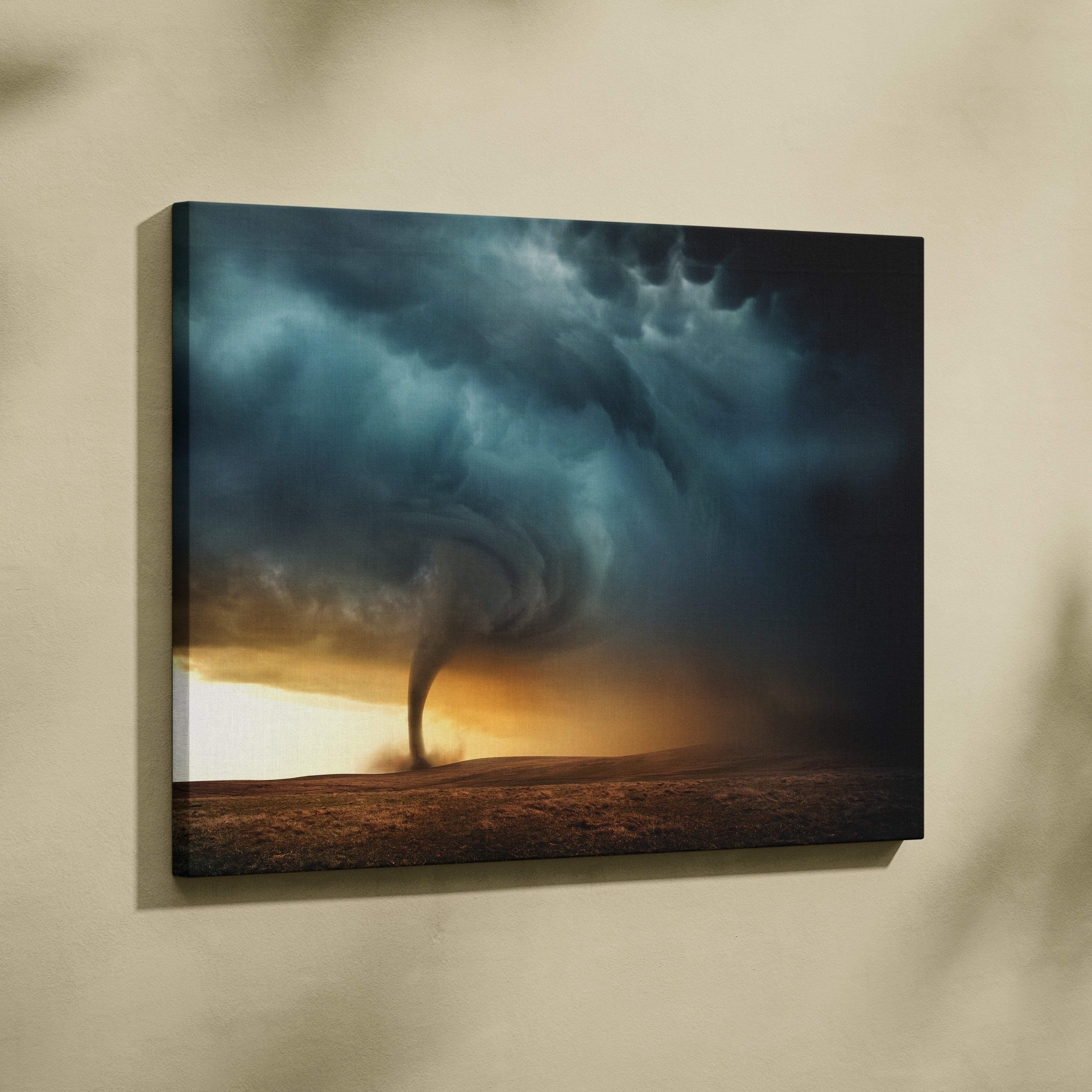Square canvas print of a cinematic tornado storm with dark teal clouds and golden sunset sky on beige wall decor