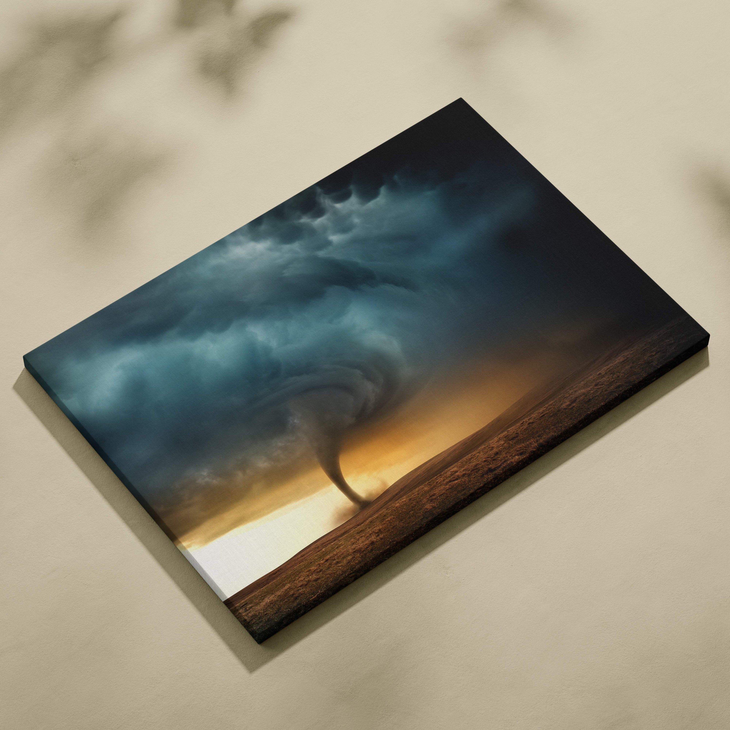 Canvas print of a dramatic tornado with swirling dark teal clouds and golden sunset hues for moody wall decor