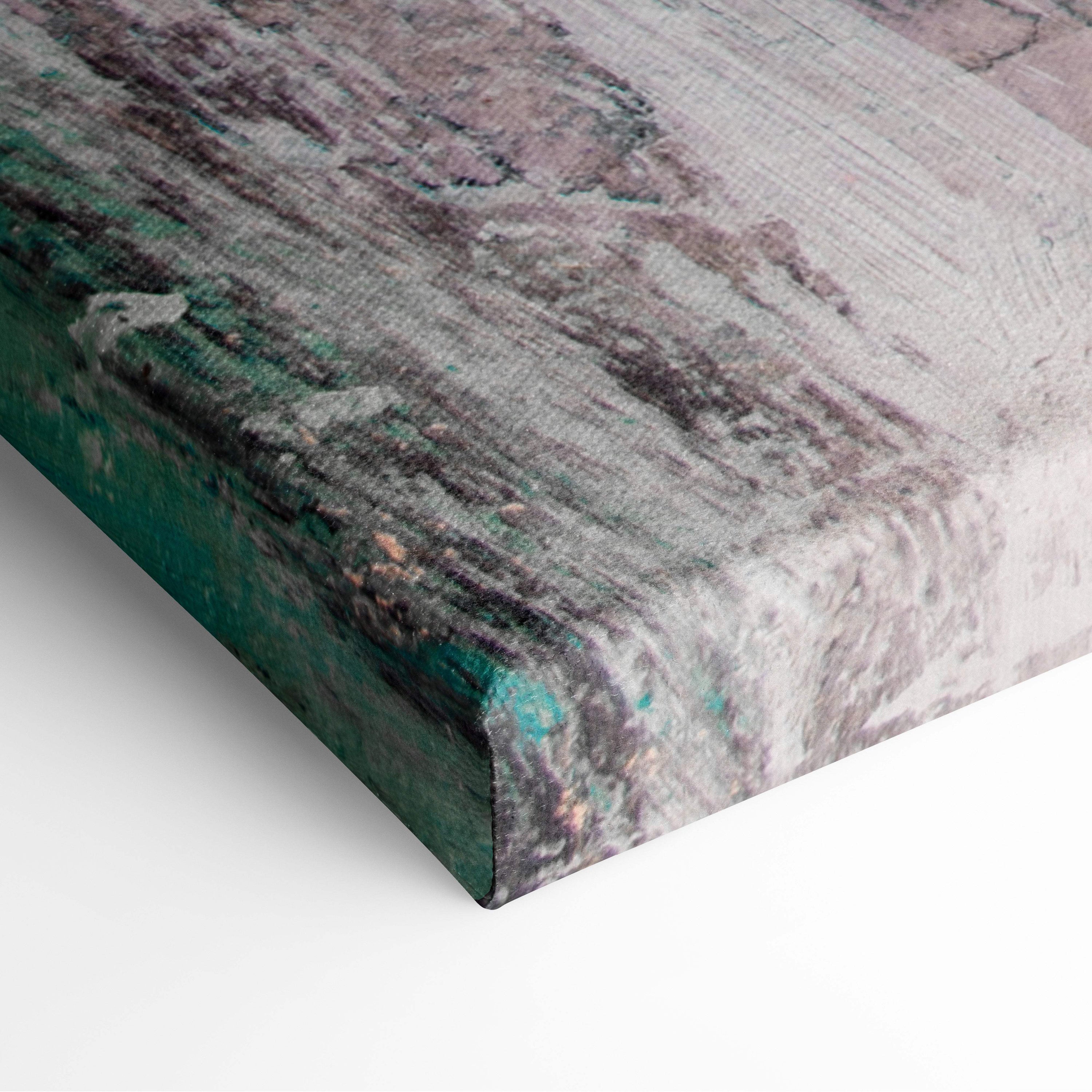 Abstract coastal calm teal ocean horizon canvas print with textured weathered surface in gray white and teal green tones
