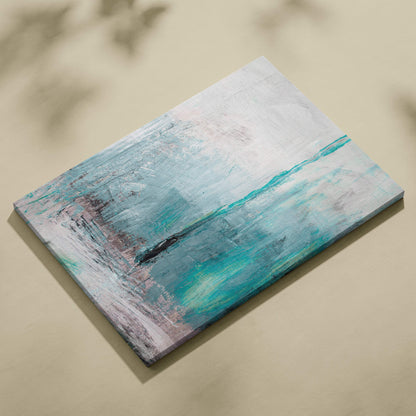 Abstract coastal calm rectangular canvas wall art with teal white gray brushstrokes and subtle purple accents for modern decor
