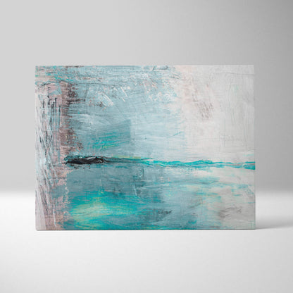 Abstract coastal calm painting style wall art with textured teal, white, muted gray brushstrokes and subtle pink accents on canvas