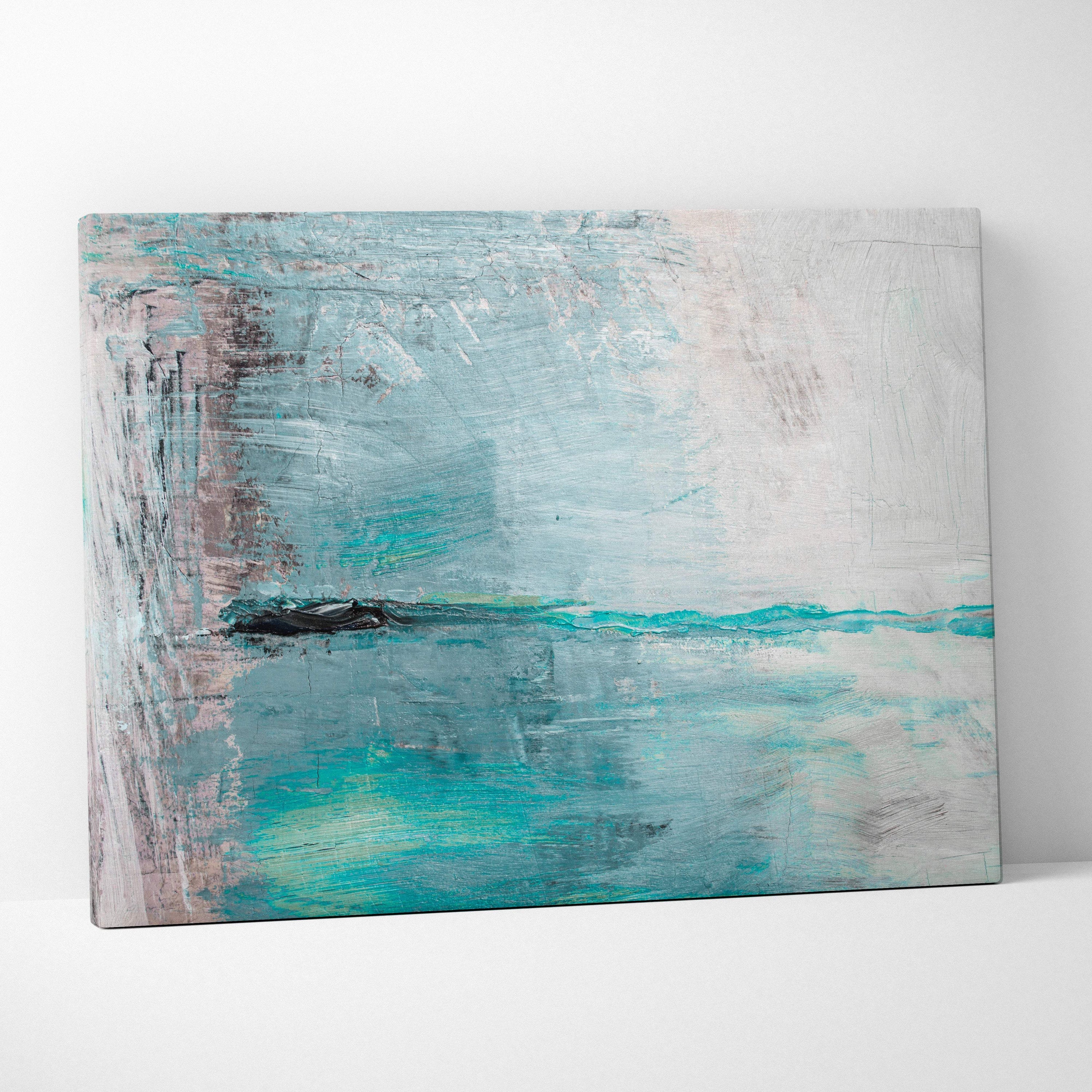 Abstract coastal calm painting style wall art featuring textured brushstrokes in teal white muted gray and pink hues
