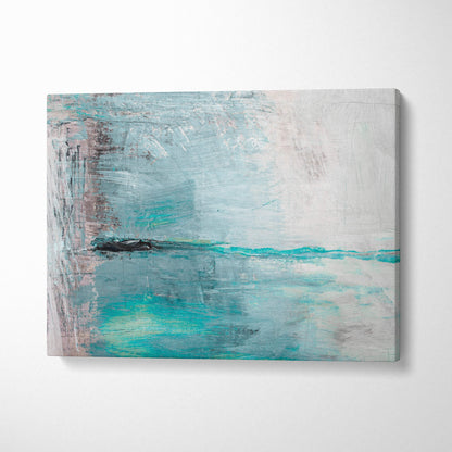 Abstract coastal calm canvas painting with textured brushstrokes in teal white gray and a vibrant turquoise band