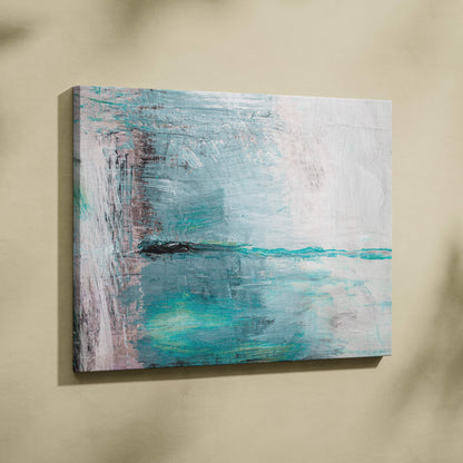 Abstract coastal calm painting style wall art with textured brushstrokes in teal white and muted pink on canvas