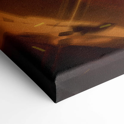 Black canvas print with textured surface featuring abstract warm amber and dark brown tones from blazing gladiator warrior artwork