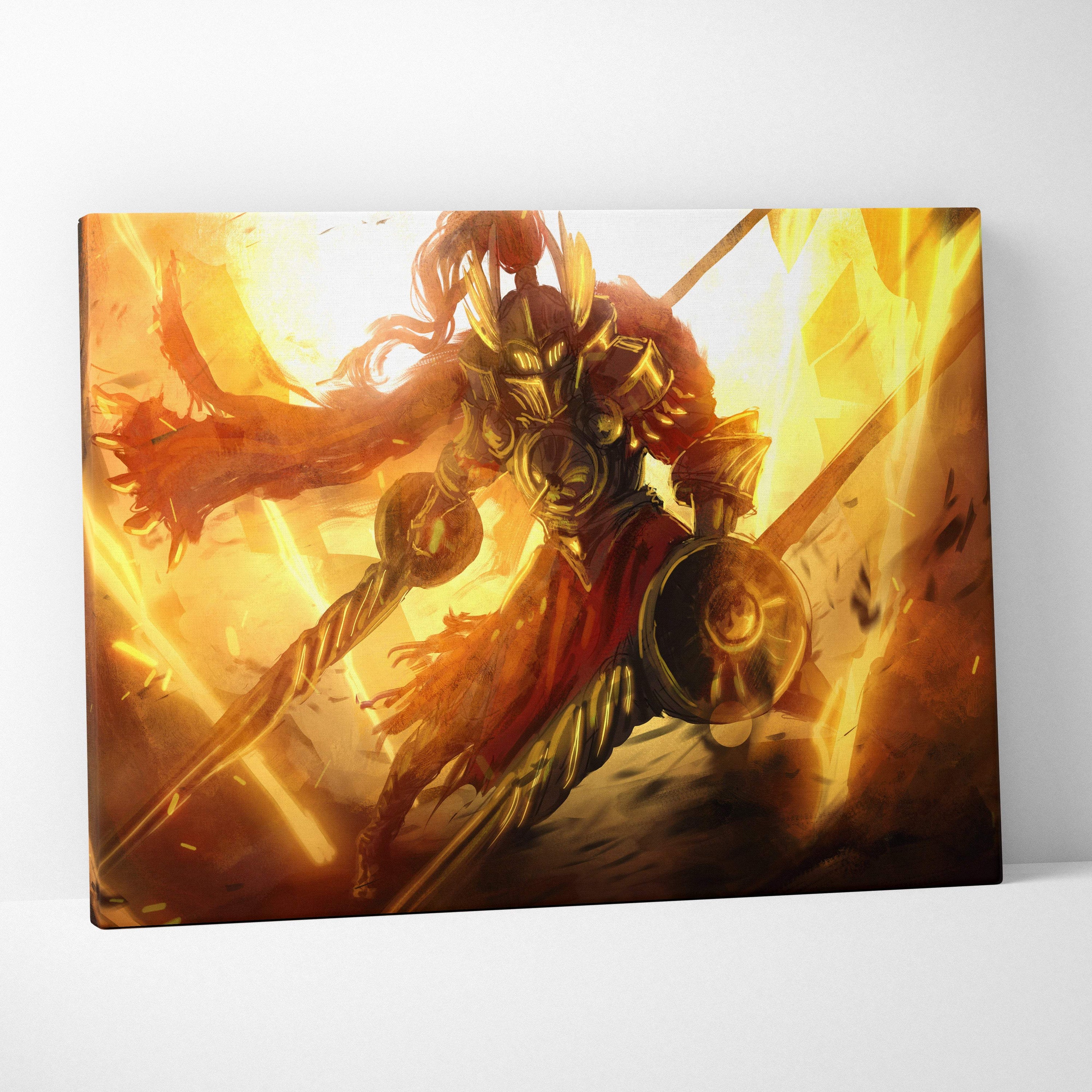 A vibrant canvas print of a gladiator warrior in fiery golden armor with a red cape amid intense orange flames
