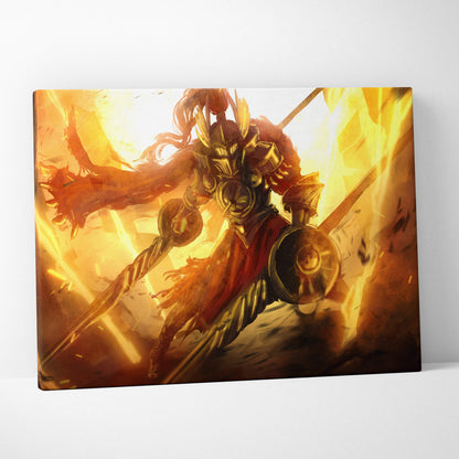A vibrant canvas print of a gladiator warrior in fiery golden armor with a red cape amid intense orange flames