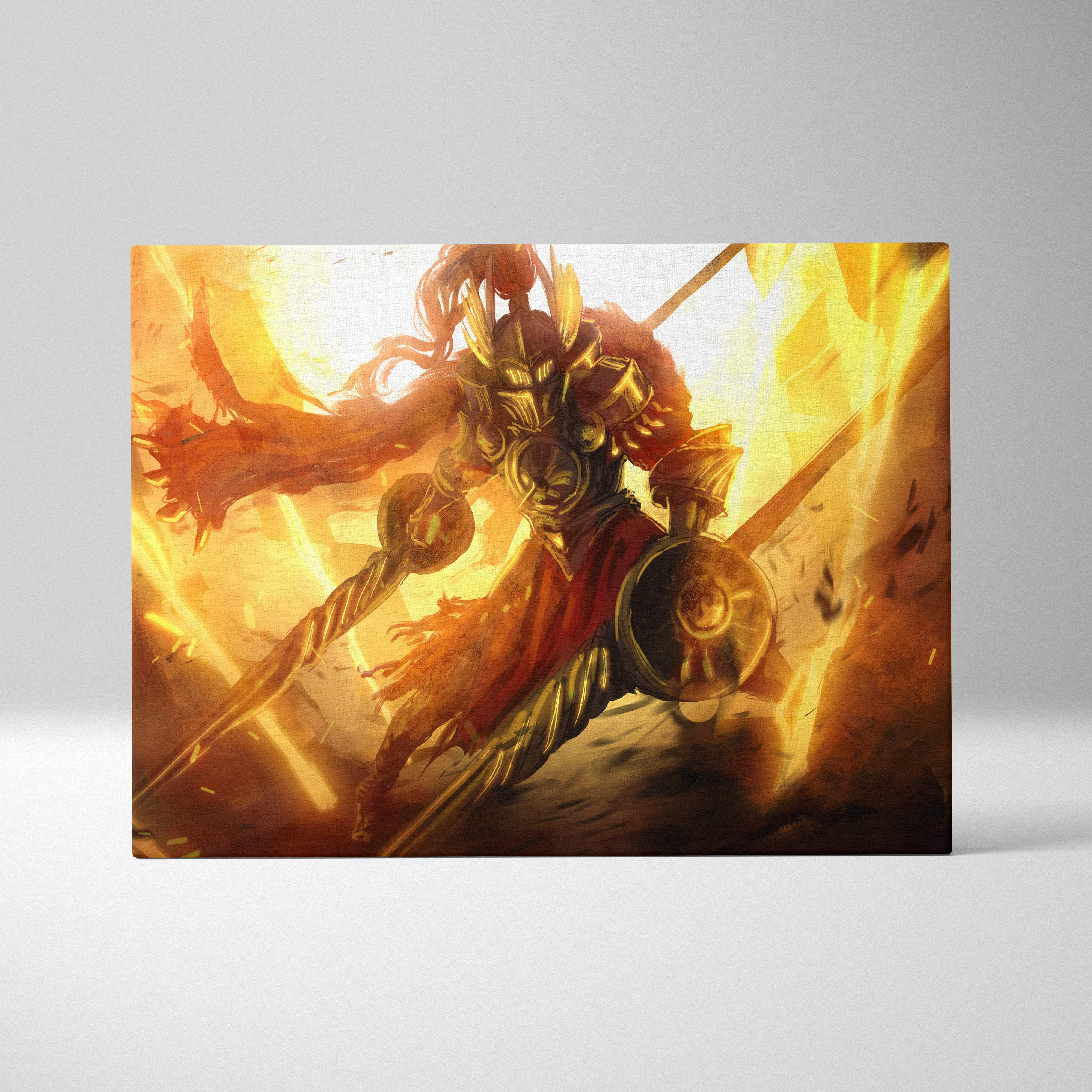 A rectangular canvas print of a blazing gladiator warrior in fiery golden armor with intense orange flames