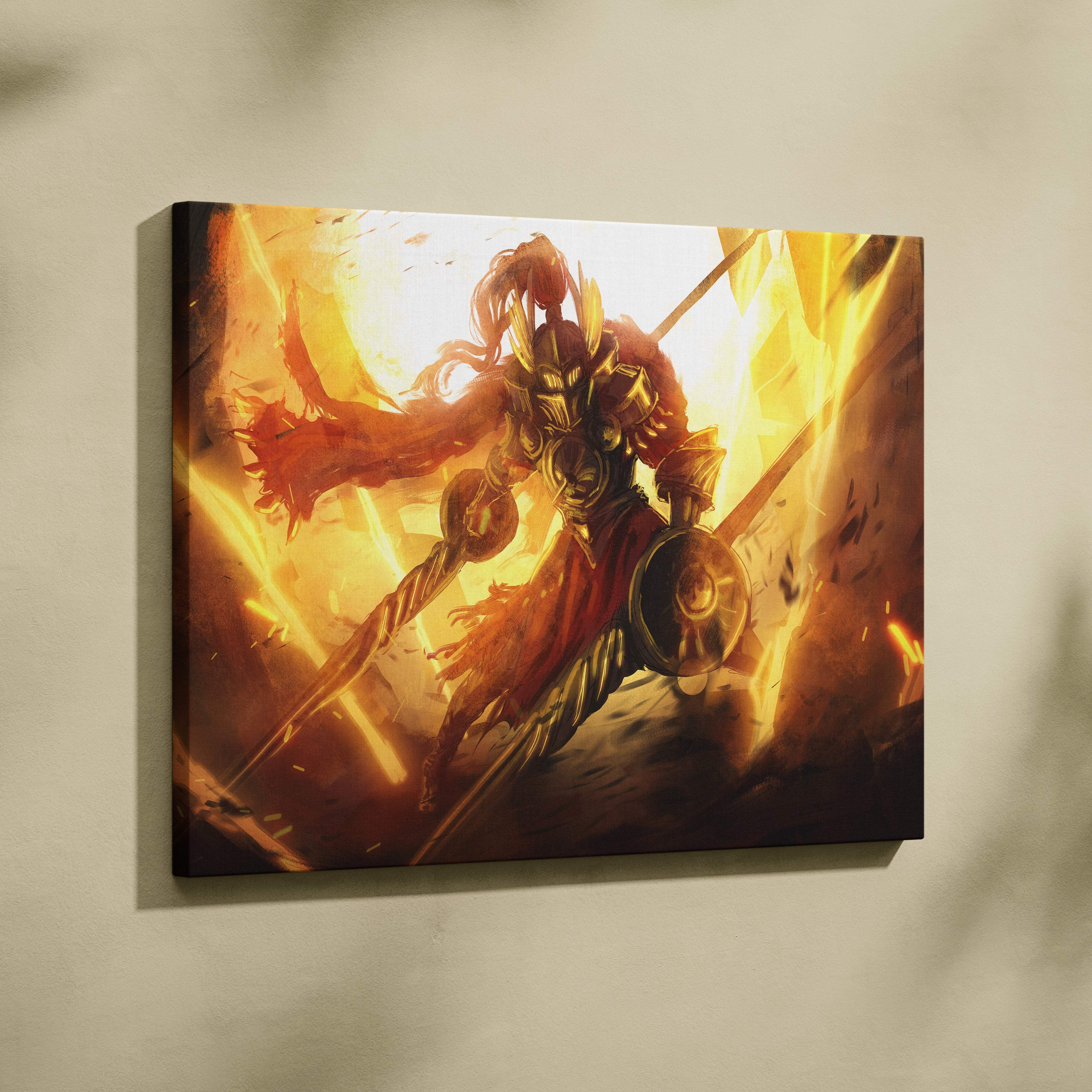 A vibrant canvas print of a blazing gladiator warrior in fiery golden armor with a red cape amid orange flames