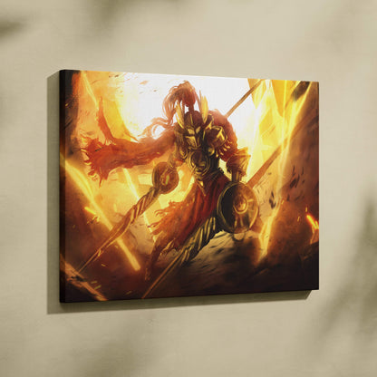 A vibrant canvas print of a blazing gladiator warrior in fiery golden armor with a red cape amid orange flames