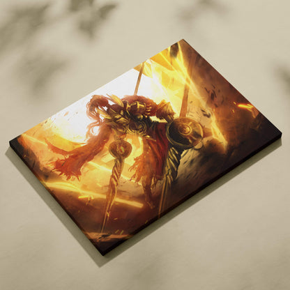 A rectangular canvas print of a blazing gladiator warrior in fiery golden and red armor amid intense battle flames