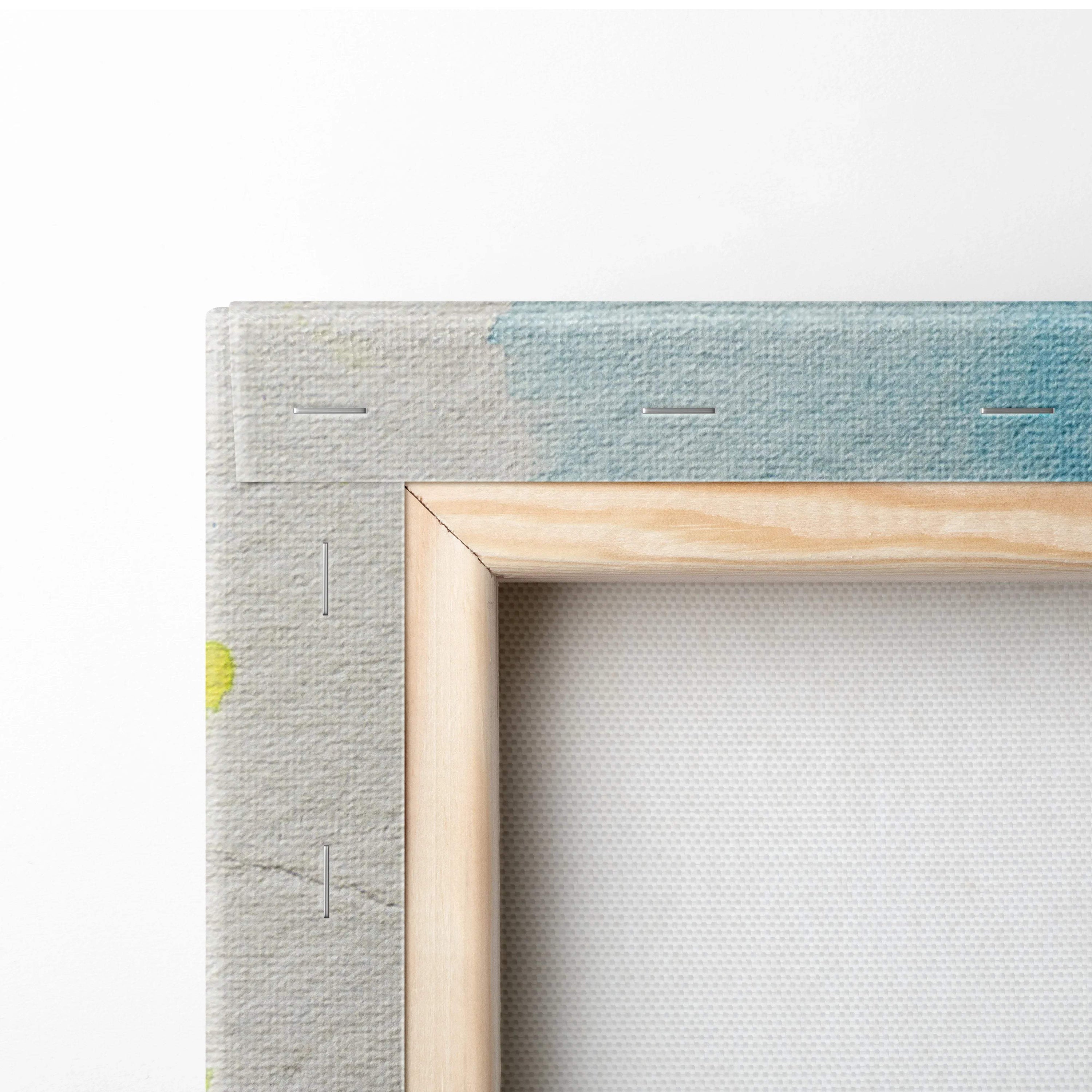 Back of pastel watercolor landscape canvas wall art in light wood frame with textured backing and blue gradient