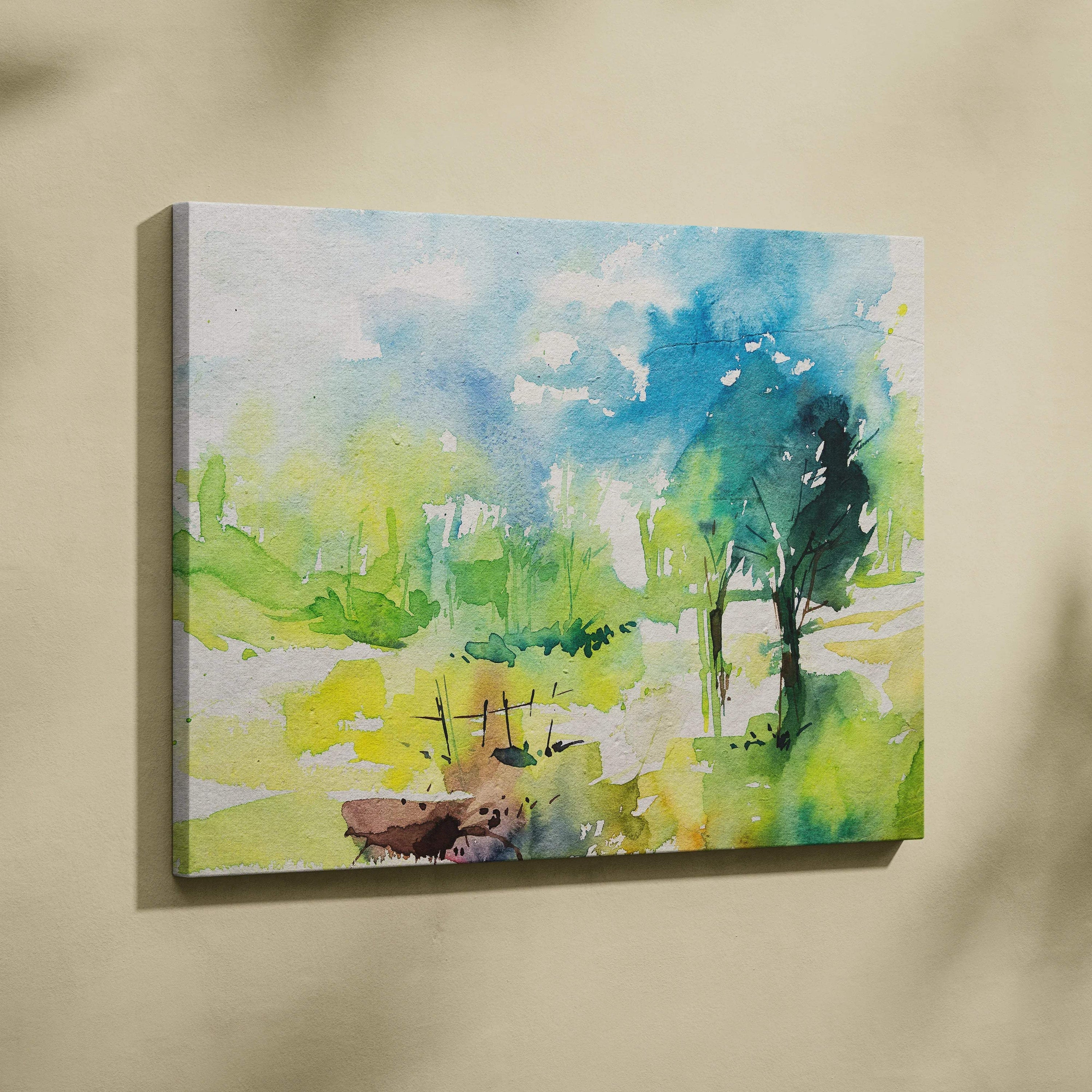 Pastel watercolor landscape canvas wall art in greens and blues with loose brushstrokes