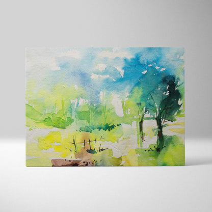 Pastel watercolor landscape canvas wall art with abstract greens, blues, loose brush strokes, trees and fields