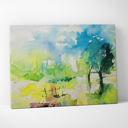 Pastel watercolor landscape canvas wall art in abstract greens and blues with loose brushstrokes